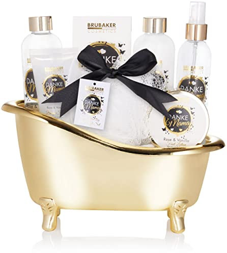 BRUBAKER Cosmetics - Danke Mama - 8-teiliges Luxus Bade- und Dusch Set mit Rosen Vanille Duft - Geschenkset in dekorativer Wanne - Badeset Geschenk für die Mutter - Gold Weiß