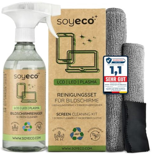 500ml Bildschirmreinigungsspray + 3X Mikrofasertuch: 40x40cm, 30x30cm, | Reinigungsflüssigkeit | Für Smartphone, Laptop, Tablet, TV, LCD/TFT, LED, OLED, Monitore, Uhren | Kein Verschmieren