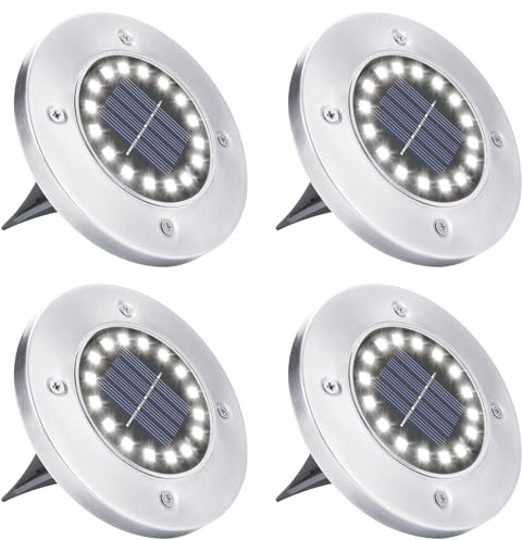 BrizLabs Lampe Solaire Au Sol Jardin, [Lot de 4] 16 LED Lumière Solaires Extérieure Spot Lampe Imperméable Décoration pour Terrasse Chemin Pelouse Cour Souterraine Passerelle Pont, Blanc Froid