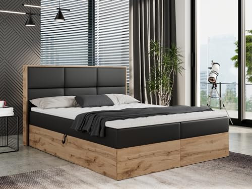 MKS MEBLE Boxspringbett 200x200 mit Bettkasten Holz Holzrahmen, Boxbett 200x200 mit Matratze H3 und Kopfteil - Schwarz Kunstleder - Albero-2
