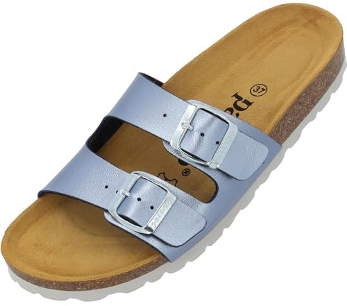 Palado Pantoletten Damen Milos Metallic – elegante Sandalen Made in Spain - bequeme Hausschuhe mit Kork-Fußbett - modische Sommerschuhe Blau UK6 - EU39