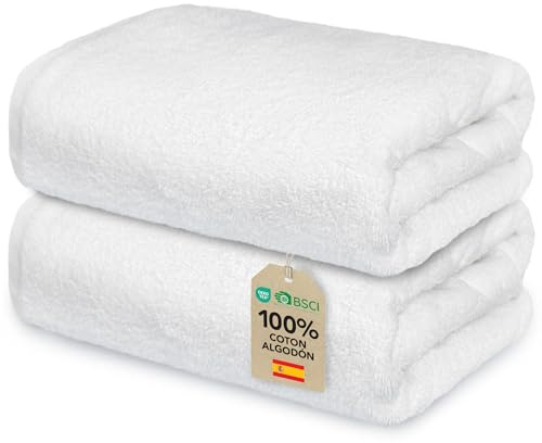 Ôhm Toallas de Baño Grandes 90x180 cm 100% Algodón 500 g/m² – Toalla Ducha Grande Alta Absorción y Suavidad – Blanco – Oeko-Tex – Pack 2 Unidades