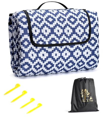 Oak & Tea Manta de Picnic Esterilla Playa Impermeable con 4 Hebillas de Esquina Manta Camping para Playa y Camping 150 x 200 cm Color Azul y Blanco