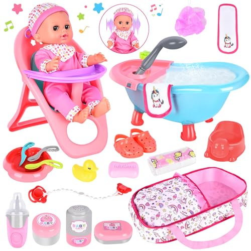 Aragallant Babypuppen Zubehörset mit Puppen, Badezubehör für Baby und Kleinkindpuppen Wasser Drücken Badewanne, Spielpuppe mit Funktionen, Geschenkset für Kinder ab 3 Jahren, Baby Puppe Kleidung
