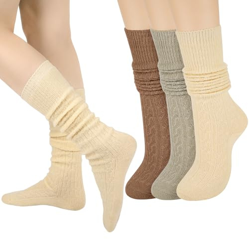 Aurmly 3 pares Calcetines Térmicos Mujer, Calcetines Altos Mujer, Calcetines Calentitos de Invierno, Blanco, Gris, Marrón Oscuro, EU36-41