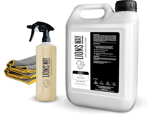 LionsWay: Cera de Carnauba para Coche 100% Pura. Tratamiento Cerámico e Hidrofóbico (Coche y Moto). Sin Silicona. Cera Líquida Alto Brillo. Sellador de Pintura Exterior. (5l+ Pulverizador + 2 Bayetas)
