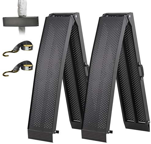 FACHNUO Rampa Plegable de Aluminio de Alta Resistencia 228x28cm, Capacidad de Carga 680 kg para Moto, ATV, Camión - Asa Transportable, Superficie Antideslizante, Ahorra Espacio (1 Par, Negro)