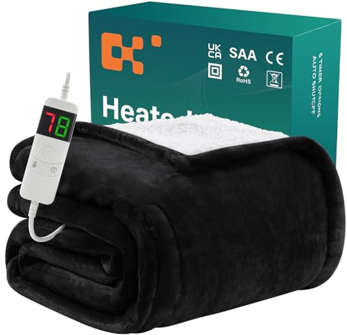 BOMOVA Manta térmica Apagado automático, mullida Manta navideña, 10 Niveles de Calor y Temporizador de 5 Horas, Regalo para Mujer, decoración navideña para Cama o sofá, 130 x 180 cm, Color Negro