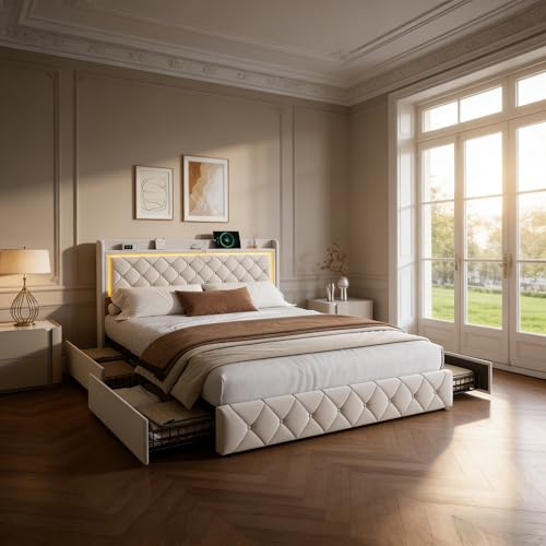 BRYXR Lit Double 160x200 avec Sommier et 4 Tiroirs, Cadre de Lit en Velours avec Tête de Lit de Rangement, Ports USB/Type C et Éclairage LED, Structure Métal Renforcée (300kg), Beige Intemporel
