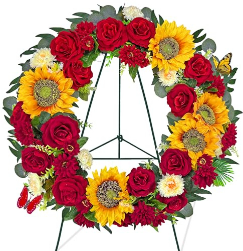 AILVEMEE Cemetery Wreaths for Graves,Spring Wreath for Cemetery,Memorial Day Grave Wreath,Headstone Wreaths on Metal Stand, Artificial Flower Wreath:Red Rose Sunflower Berries