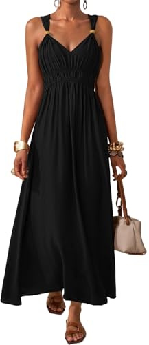 LIAMERHE Robe Longue Femme Été Maxi Décontractée Col en V Bohème Noir M