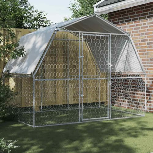 Kaloriko Hundkennel av silvergalvaniserat stål med vattentätt polyetentak och låsbar dörr 285 x 195 x 230 cm, väderbeständigt hundhus reträtt plats för trädgård och terrass