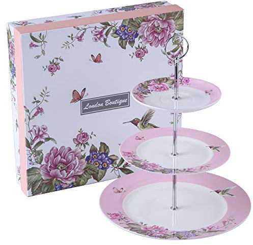 London Boutique 2 alzatine per Dolci in Porcellana per tè pomeridiano, a Forma di Rosa, in Confezione Regalo (Rosa)