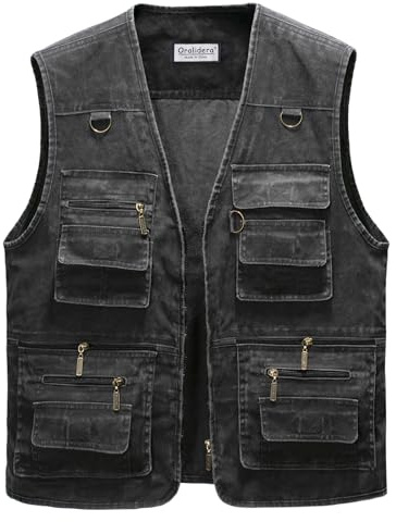 Oralidera Hombre Chaleco Tipo Safari Multibolsillos Chaleco Exterior de Algodón Chaleco de Pesca Fotografía Chaquetas sin Mangas de Trabajo Chaleco de Caza, Negro, 3XL