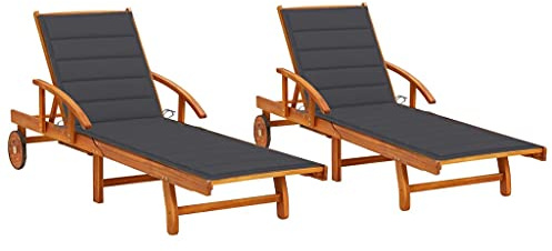 vidaXL 2 Piece Wooden Sun Lounger Set with Cushions Adjustable Multi Position Backrest Solid Acacia Wood Weather Resistant Great for Patio Poolside Garden Use Cushioned Outdoor Lounge Day Bed Chaise
