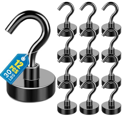 LOVIMAG Svarta magnetiska krokar, 12,7 kg starka magnetiska krokar, kraftiga med epoxibeläggning för kylskåp, magnetiska kryssningskrokar för upphängning, klassrum, kontor och kök – paket med 12
