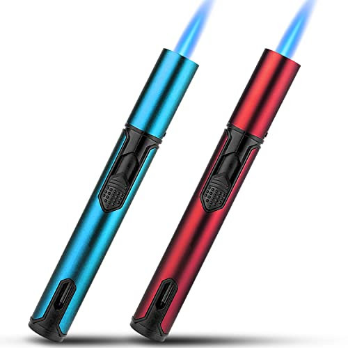 Bbsisgo 2 Pack Jet Flame Gas Lighter, 6.0 inch Adjustable, Refillable Windproof Long Stick Butane Torch. (Sold without Butane Gas) (Blue and Red)