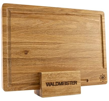 Waldmeister Schneidebrett aus massiver Eiche (33x24cm) - Eichenbrett mit Saftrille - Holzbrett mit passender Halterung - perfekt für deine Küche