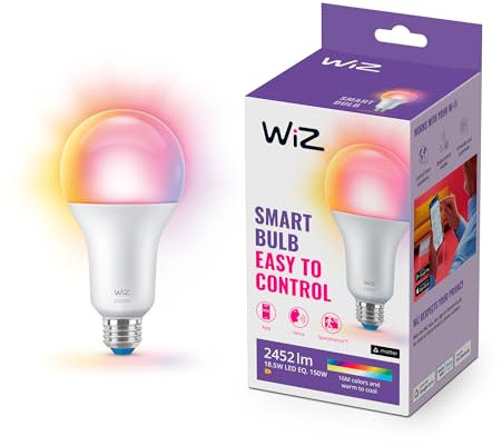 WiZ Lampadina Smart WiFi, Luce Bianca o Colorata Dimmerabile, E27, 18.5W, Tecnologia SpaceSense, Controllo Vocale (Alexa, Apple HomeKit, Google Home)