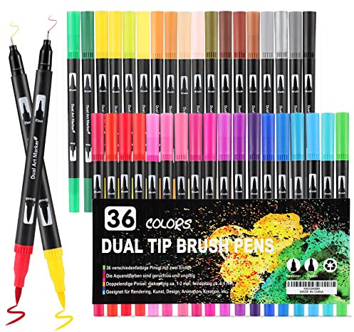 Mzh Art Dual Brush Lot de 36 stylos à double feutre, pour enfants et adultes, stylos à pointe fine pour aquarelle, lettrage à la main, mandala, calligraphie, manga, 0,4 et 1-2 mm