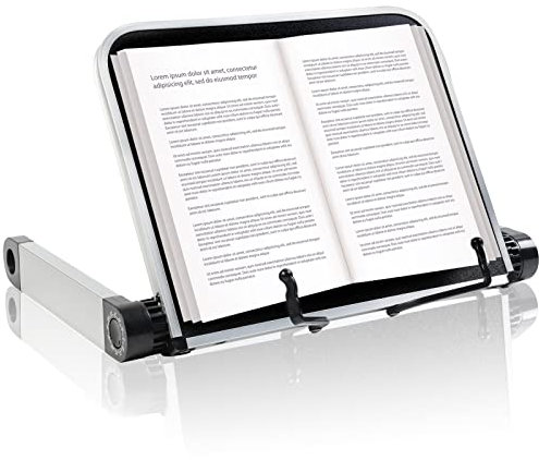 Soporte para libros ajustable, plegable, soporte de lectura, soporte para libros de cocina, diseño ergonómico, ajuste de 360°, aleación de aluminio premium y placa de MDF con clips estables