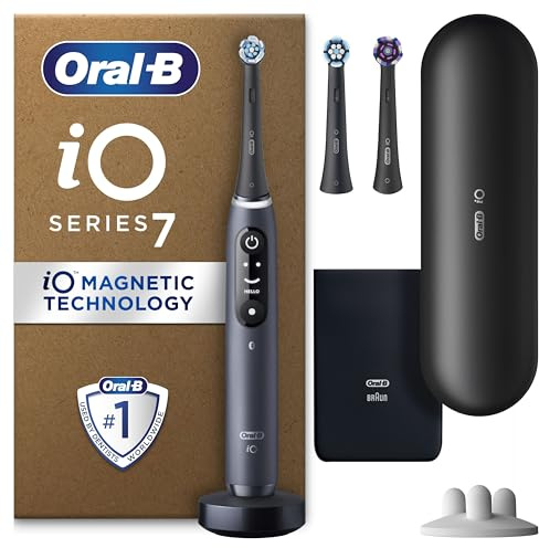 Oral-B iO7 Electric Toothbrushes For Adults, App Connected Handle, 3 Toothbrush Heads, Travel Case & Toothbrush Head Holder, 5 Modes with Teeth Whitening, Black
