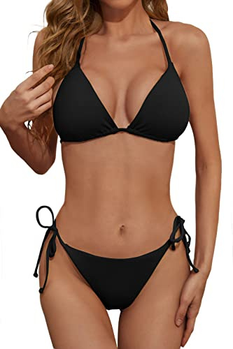 Zuvebamyo Women Sexy Ribbed Halter Triangle String Bikini Set Black XS