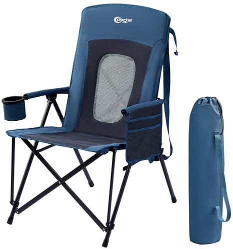 Silla de camping plegable y reclinable portátil, con respaldo alto, resistencia hasta 180 kg, silla de pesca, silla de jardín con bolsa y portavasos, ideal para jardín, balcón y picnic
