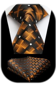 HISDERN Corbata Hombre Naranja a Cuadros Corbatas Modernas Originales y Pañuelo de Bolsillo para Boda La Fiesta, 150CM