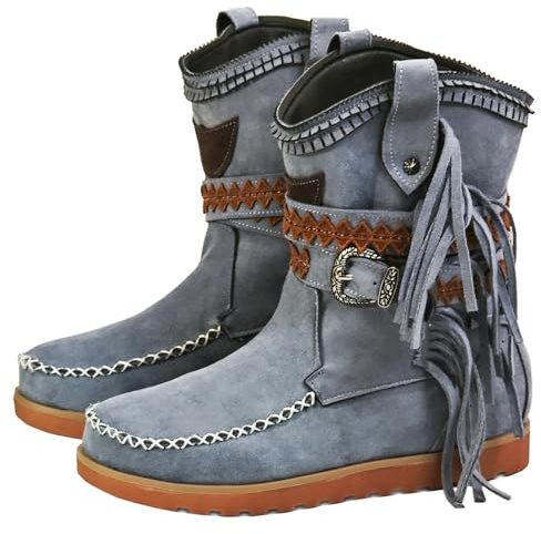 Ulalaza Bottes de cowboy à franges pour femme - Talon compensé caché - Bottines à pompon - Tissu brillant en strass - Cuir nubuck - Housse confortable pour fête de mariage dans la rue