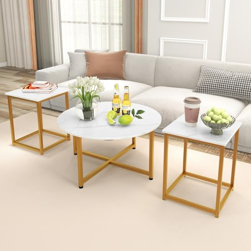 COSTWAY Sidobordsset, metall, vit, 80 x 42 cm (D x H), 40 x 40 x 50 cm (L x B x H)