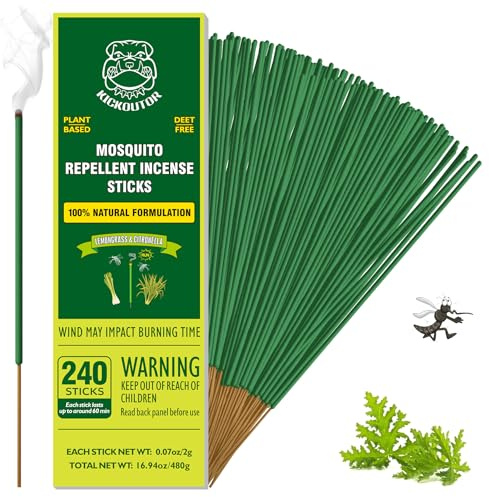 KICKOUTOR® Mosquito Repellent Outdoor Patio, 240 Count Natural Citronella Mosquito Incense Sticks, 1-Hour Burn DEET-Free Flying Insect Bug Control for Backyard Camping | Gnat No-See-um