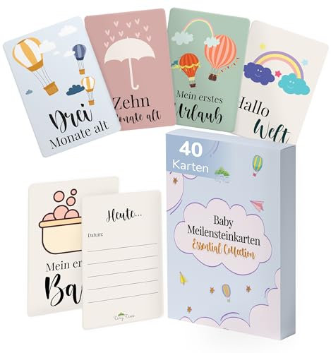 Tiny Trees® 40 Meilensteinkarten Baby Inkl. Geschenkbox für Jungen & Mädchen - Babymomentkarten - Geschenk zur Babyparty für Mama, Eltern & Schwangerschaft - Deutsch
