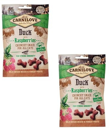 Carnilove Snack Crujiente Pato con Frambuesas | Paquete Doble | 2 x 50 g | Golosinas para Gatos | Pato y Frambuesa | Sin Azúcares Añadidos | Sabor a Carne Exótica