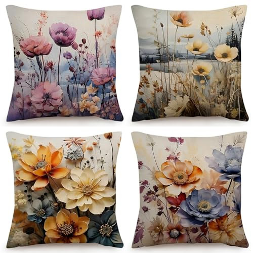 OYIMUA 4er Set Gelb Kissenbezug 40x40 Blumen Kissenbezüge Leinen Deko Sofakissen Quadratisch Kissenhülle Garten Dekokissen Outdoor Kissen Bezug Zierkissen Aesthetic Couchkissen