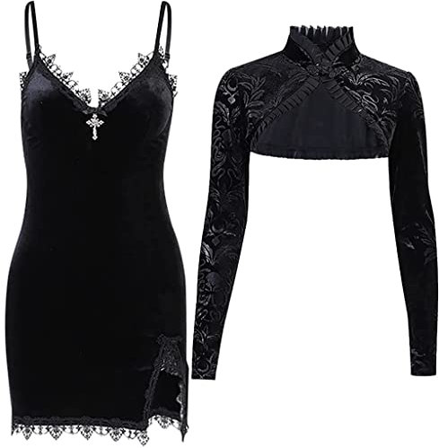 DINGJIUYAN Women's Black Velvet 2 Piece Lace Set - Gothic Sexy Elegant Spaghetti Strap Mini Dress + Long Sleeve Cropped Cardigan‌