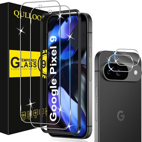 QULLOO Protector de Pantalla para Google Pixel 9, 2 Piezas Cristal Templado y 2 Piezas Protector de Lente de Cámara, Dureza 9H Ultra Resistente Vidrio Templado