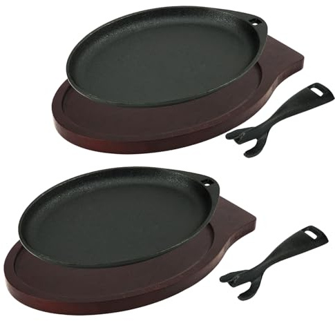 DVK 2 Cast Iron Skillet Set Sizzling Plate With Wooden Base Fajita Skillet With Removable Handle For Home Barbeque Kitchen Service