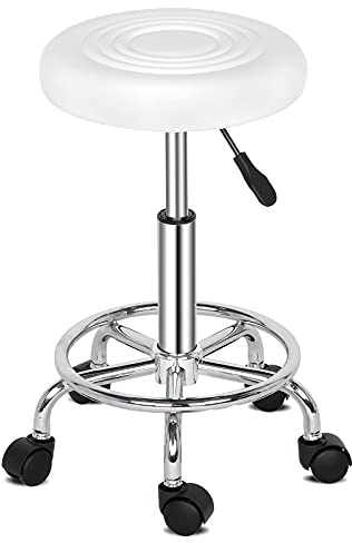 Generisch Tabouret Roulant Rond en Cuir PU avec Lignes Vérin Hydraulique à Gaz Hauteur Réglable Chaise Pivotante Tabouret Salon avec Repose-Pieds pour Coiffure Beauté Manucure (Noir)