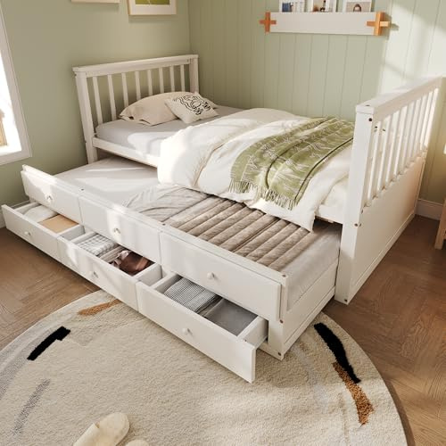 YuQozii 90 x 200 cm (90 x 190 cm) camas individuales, camas infantiles, camas de día, camas de madera maciza, camas individuales con funda de cama, con tres cajones, color blanco