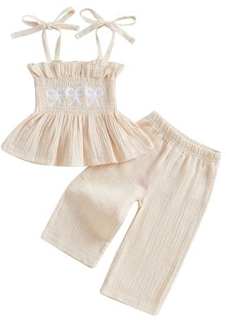 Loalirando Set di vestiti in mussola per bambini e bambine, senza maniche, top + pantaloni, abbigliamento estivo per bambini, Piccoli loop albicocca, 3-4 Jahre