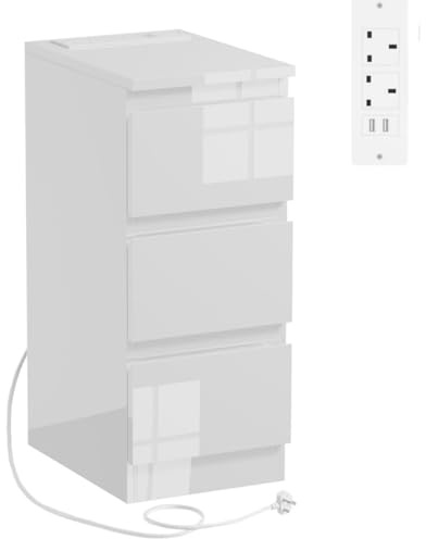 Menaka 25CM Narrow Bedside Table 3 Drawers Cabinet with Charging Station, Slim Side Table Bed Nightstand with 2 USB Ports & Power Sockets for Bedroom Living Room (white)