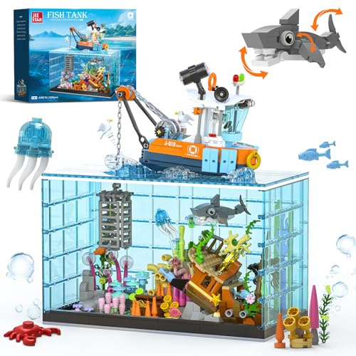 NERCISU Aquarium-Bausteine, Aquarium Fish Tank Bausatz, beleuchtetes, einschließlich Hai, Quallen, Fisch, Geschenk für Kinder, ab 8 Jahre Jungen Mädchen und Erwachsene (830 Teile)