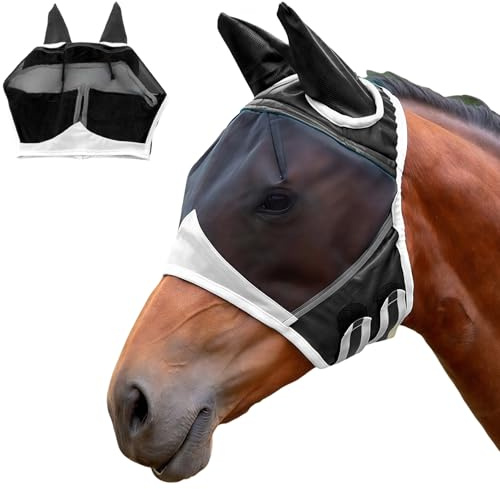LUMOOM Máscara antimoscas para caballo, con protección UV, máscara para caballos con protección para las orejas, orejas de mosca, gorro de mosca, máscara para caballos (S, negro)