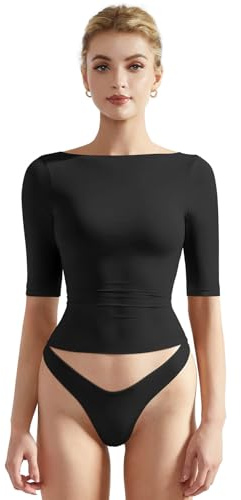 SUUKSESS Women Half Sleeve Boat Neck Tops Double Lined Tight Fitted Shirts Basic Tee (Black,L)