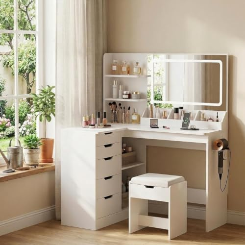 JUMMICO Coiffeuse avec Miroir et éclairage LED, Coiffeuse d’Angle en L avec Tabouret, Miroir LED 3 Couleurs, Table de Maquillage 120 cm avec 5 tiroirs et Prises intégrées, Blanche