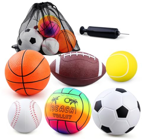 MILIEUR 6Pcs PVC Sports Ball Toy Set, Mini Soft Rubber Football Basketball Rugby Baseball Tennis Beach Volleyball for Swimming Pool Game, Indoor Outdoor Playground Bouncy Kickball for Kids Toddler