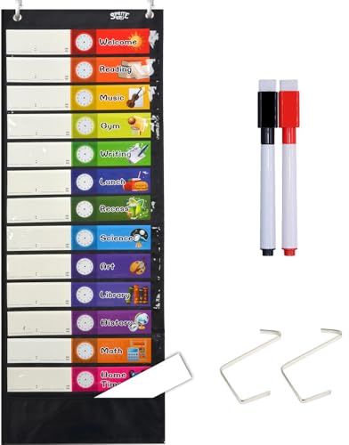 Programma giornaliero tascabile, orario delle lezioni nero con 26 carte, 13+1 tasche. 13 tessere riutilizzabili a doppia faccia colorate + 13 vuote, (versione inglese)