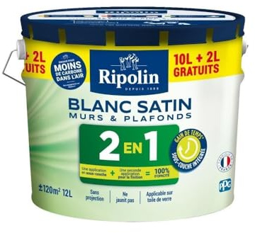 RIPOLIN Peinture Murs et Plafonds 2en1 Blanc satin 12L - 12 L