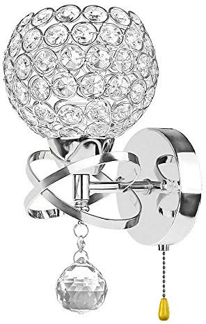 Ygapuzi Modern Crystal Wall Light Flush Mount Wall Sconces Lamp Chrome Finish Bedside Lighting Fixture with E14 Socket, for Living Room Bathroom Bedroom and Hallway (Pull Switch)